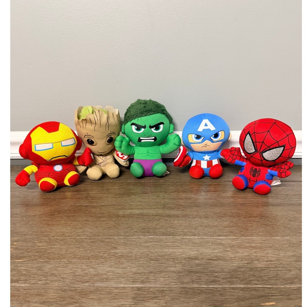 Ty Beanie Babies Marvel Plush Set Iron Man Groot Hulk Captain America Spider-Man